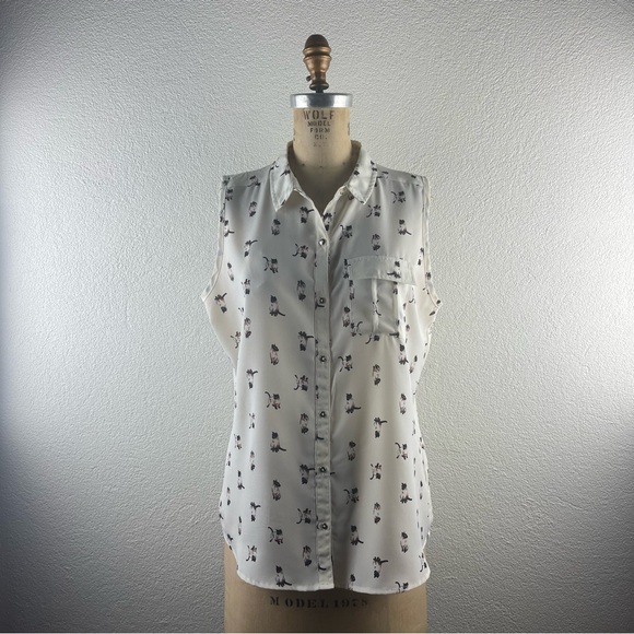 Dolled Up Tops - Dolled Up l L FANG Retro Semi-Sheer Novelty Print Siamese Kitty Cat Collared Top
